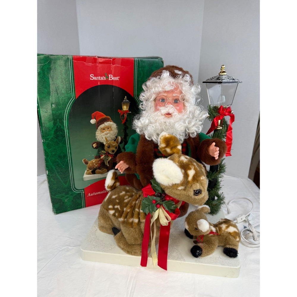 Vintage 1995 Santa's Best Animated‎ Santa with Deer and Fawn Lighted Lamp Post
